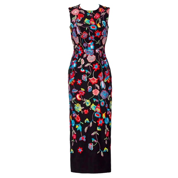 Monique Lhuillier Dresses & Skirts - Monique Lhuillier Sonya Like New Dress Black Floral Embroidered Colorful Midi